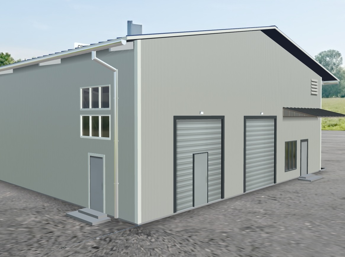 HallConfigurator rendering of a steel industrial hall with roller doors